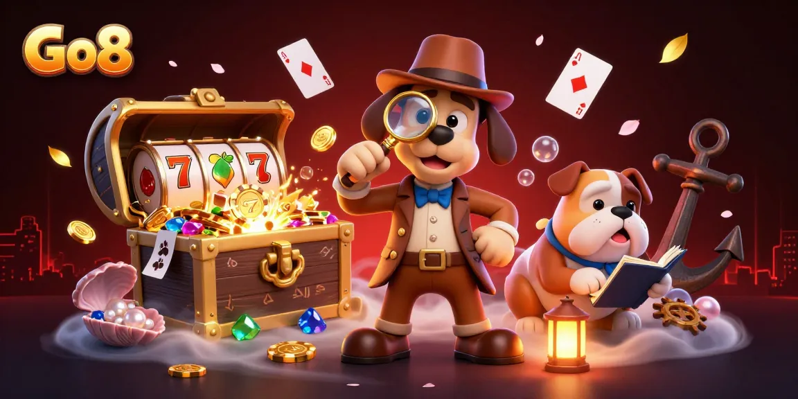 Go8 detective uncovering poker chip clues amidst vibrant slot elements and treasures.