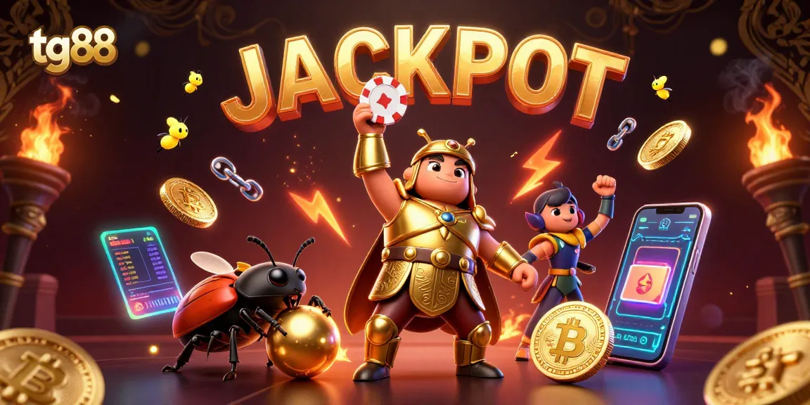 Experience tg88 casino excitement with a hercules beetle winning a poker chip amidst cryptocurrency elements.