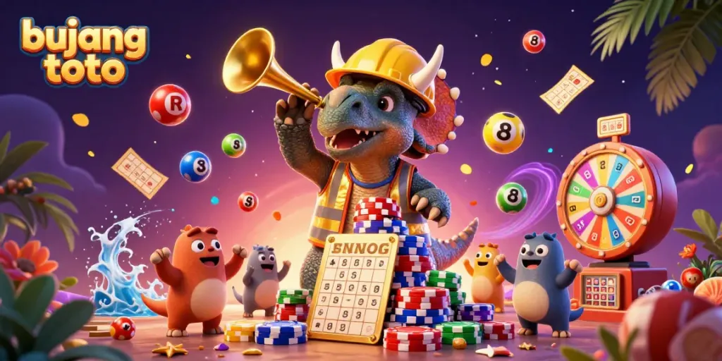 Experience the excitement of bujang toto with 3D animated dinosaurs celebrating wins amidst vibrant lottery balls and poker chips.