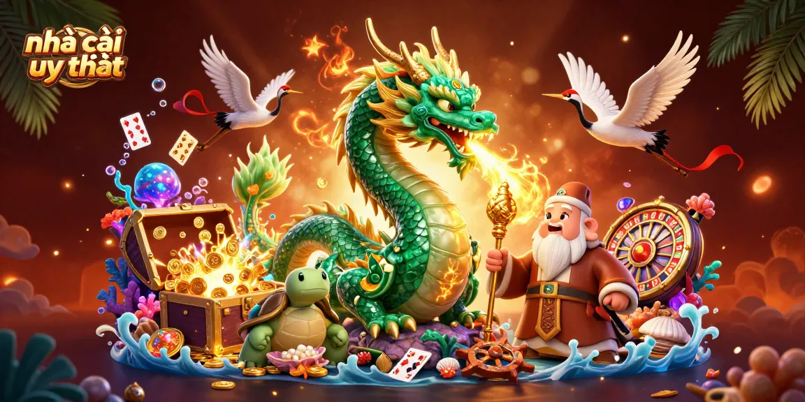 Experience the magic of nhà cái uy tín with a vibrant dragon and turtle sage in a casino-themed enchanting illustration.