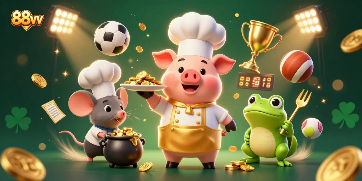 Win big with 88vv as a chef pig serves gold coins amidst sports betting excitement!