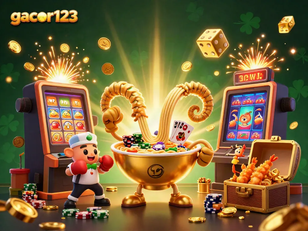 Experience excitement with gacor123 as the golden ramen bowl and friends celebrate casino wins.