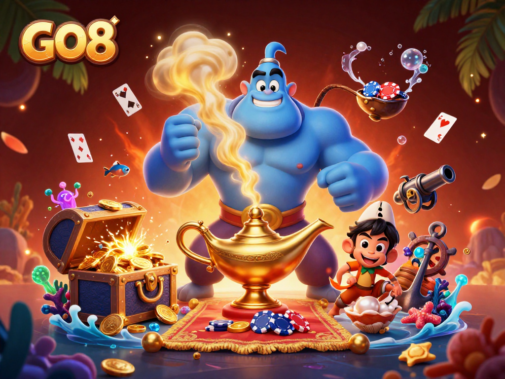 GO8 enhances the gaming experience with a vibrant 3D casino scene filled with treasures and magic.