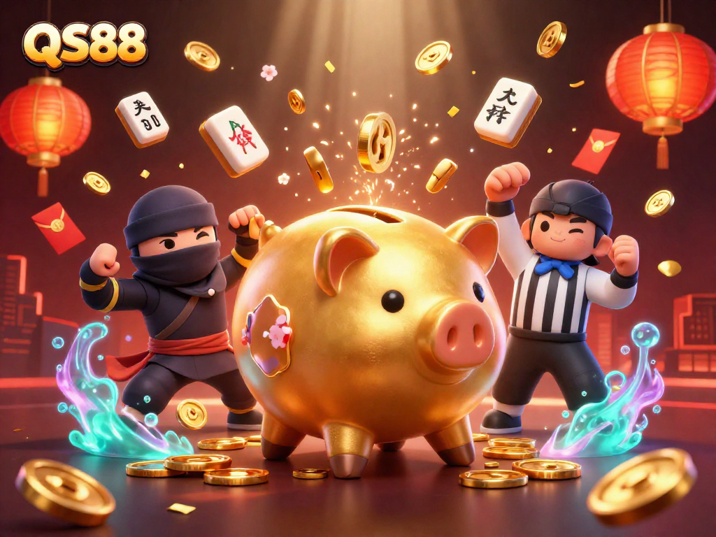 Experience thrilling gaming action at QS88 with a dynamic scene featuring a golden piggy bank, ninja, and samurai!