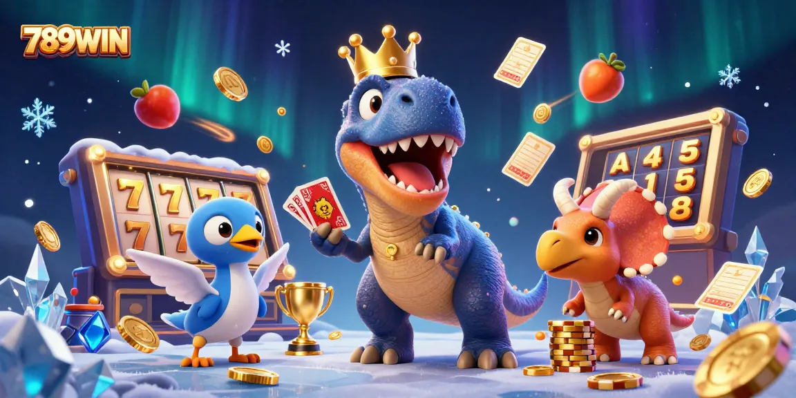 Experience thrilling gameplay with 789WIN, featuring a T-Rex, golden chips, and exciting slot elements.