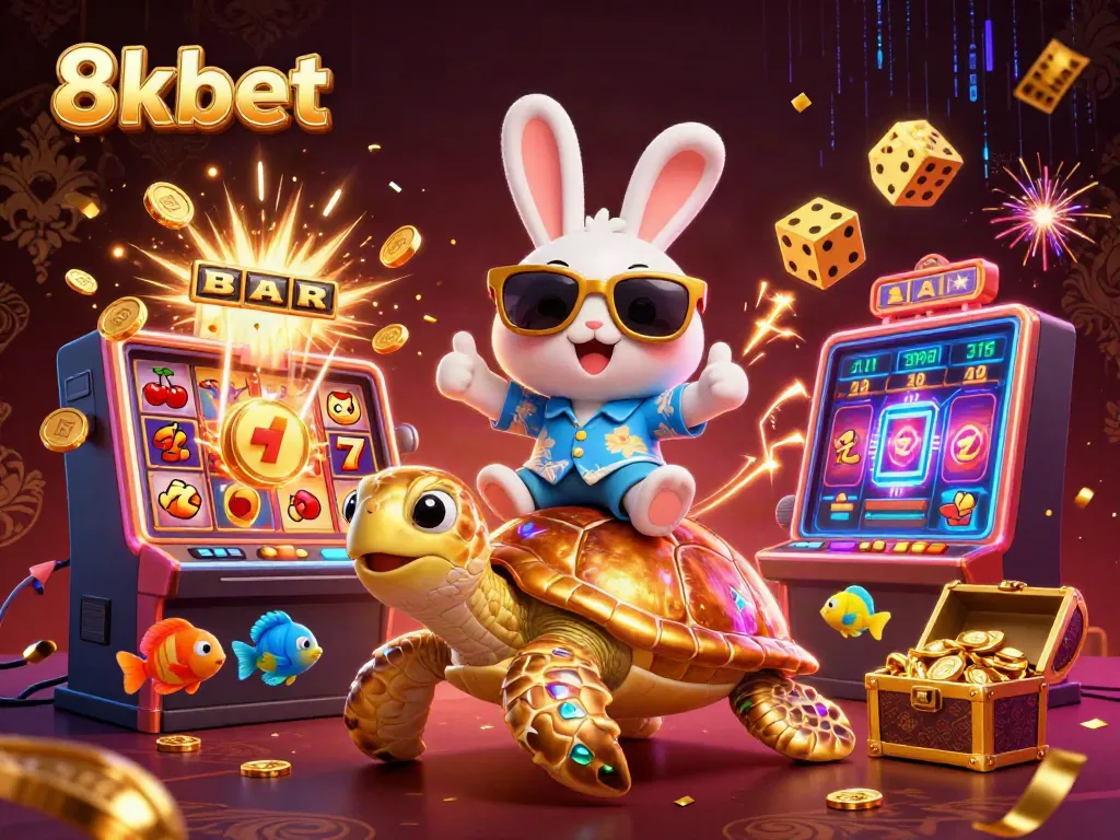 Engage in thrilling gameplay at 8xbet with a lucky rabbit and golden turtle surrounded by exciting elements.