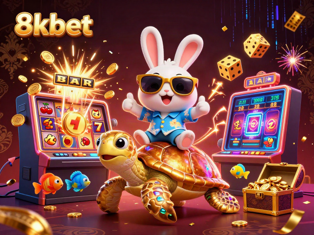 Engage in thrilling gameplay at 8xbet with a lucky rabbit and golden turtle surrounded by exciting elements.