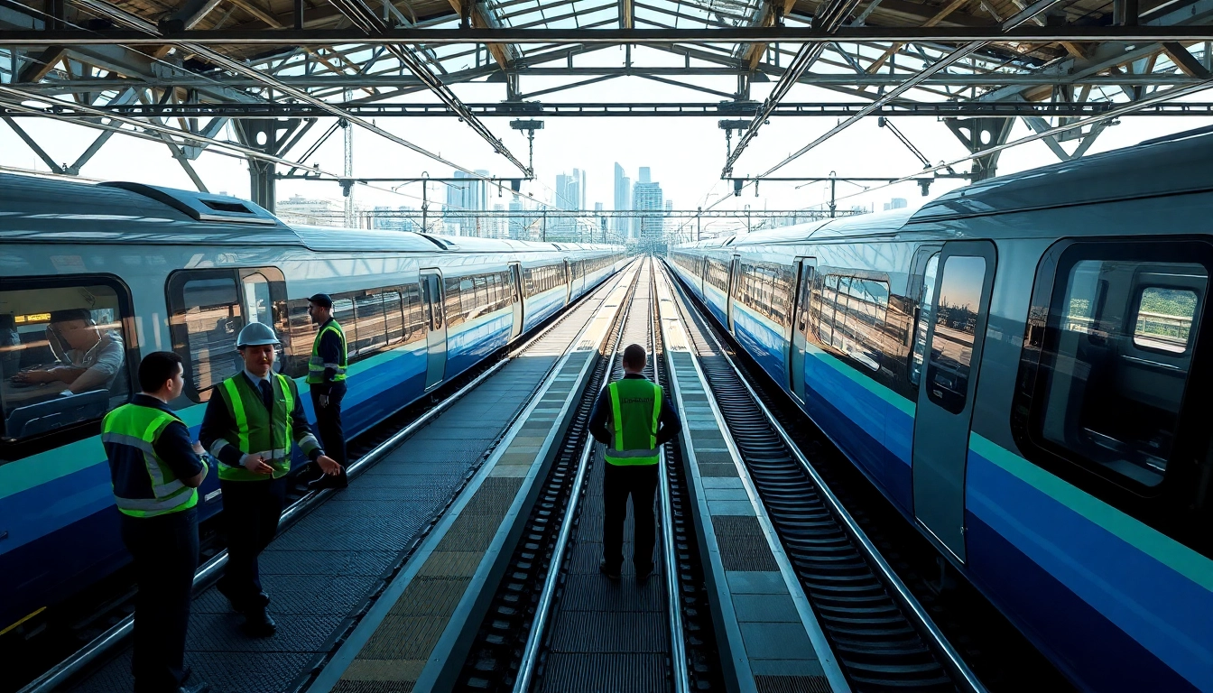 Rail systems company showcasing modern technology and collaboration in a train station setting.
