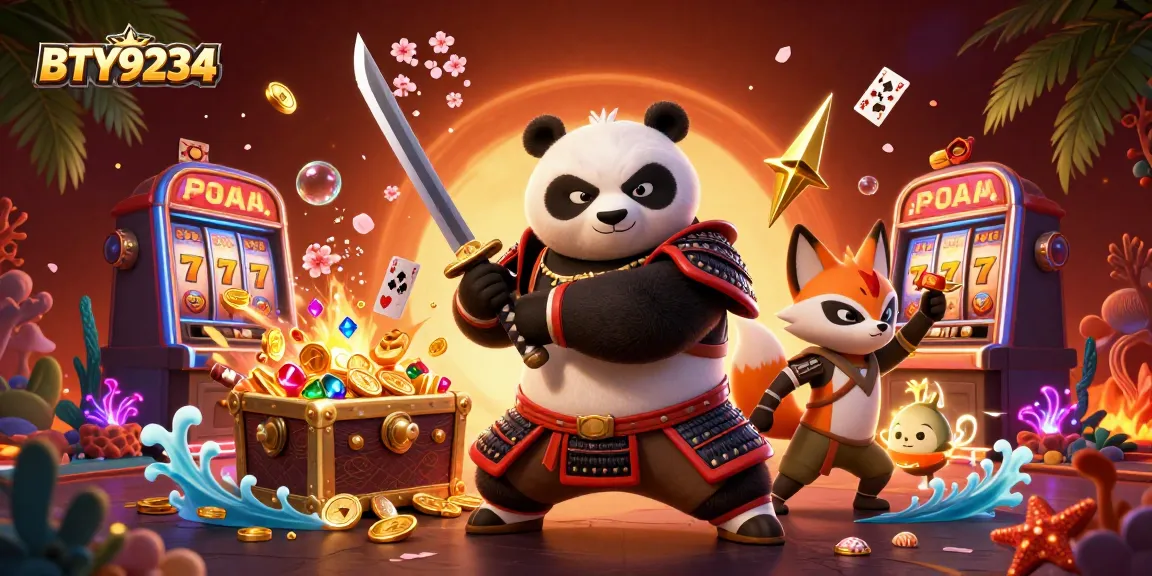 Experience the thrill of BTY9234 with a vibrant 3D casino scene featuring samurai panda and lively elements.