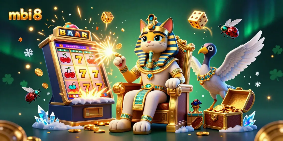 Engage in thrilling gameplay at mbi 8, featuring a vibrant 3D illustration of a pharaoh cat and gaming elements.
