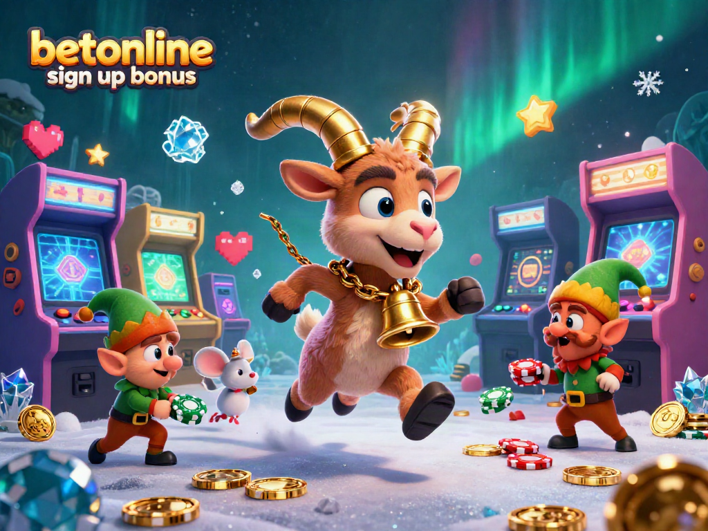 Experience the excitement of the betonline sign up bonus in a playful 3D casino scene with festive characters.