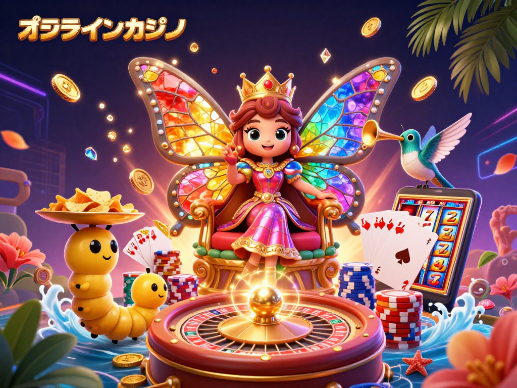 オンラインカジノを楽しむ3Dイラスト、色彩豊かなキャラクターとゲーム要素が満載。