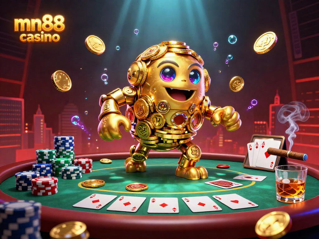 Experience thrilling gameplay at mn88 casino with a golden golem and vibrant poker elements.