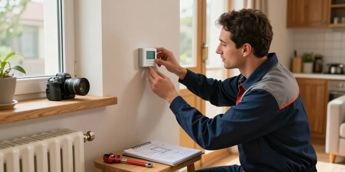 Heating engineer in Bedford adjusting a thermostat, find out more about reliable heating solutions for your home.