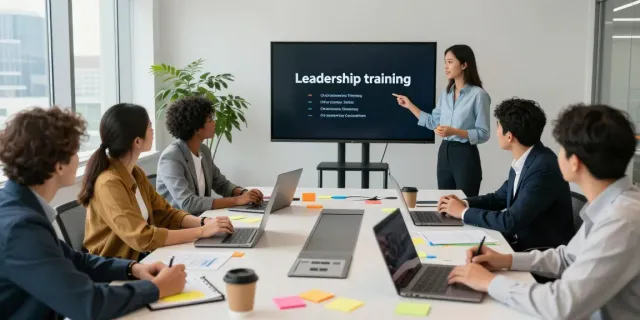 Engaged professionals in a leadership training for organizations session, promoting teamwork and development.