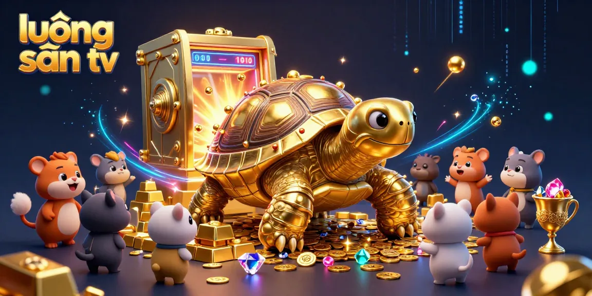 Experience the excitement of gambling with lương sơn tv, featuring a dynamic scene of a colossal tortoise as a pinball machine amid treasures and animated creatures.