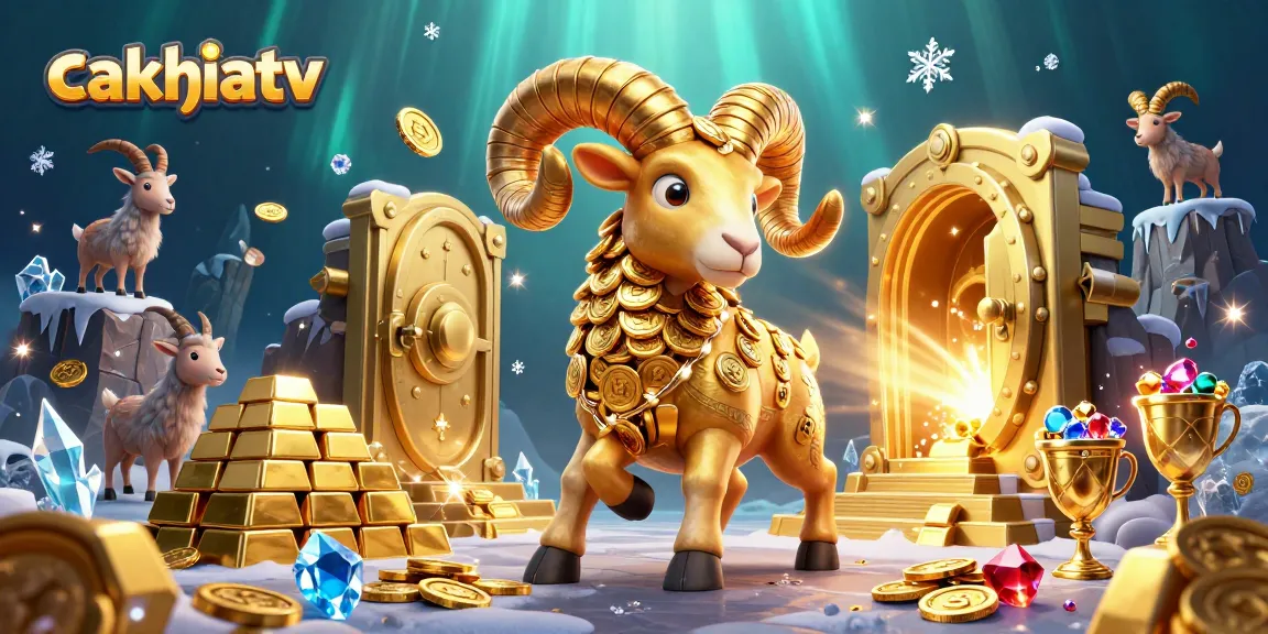 Engage with cakhiatv's vibrant golden ram amidst dazzling casino treasures in this lively illustration.