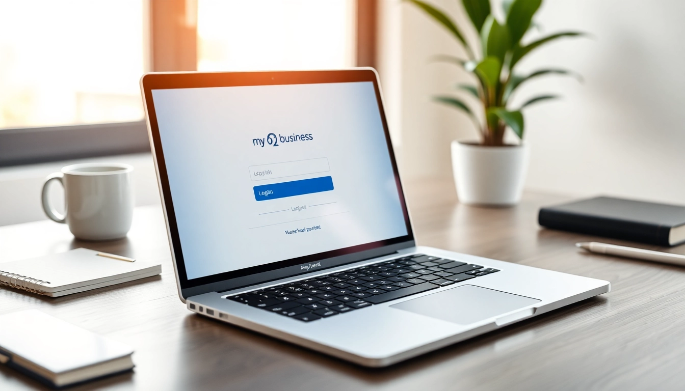 Access my o2 business login on a vibrant laptop surrounded by office essentials.