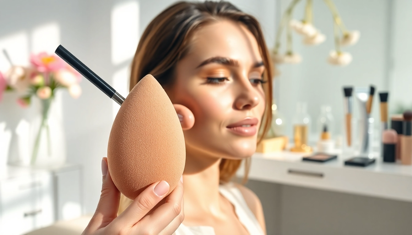 Applying silicone sponge makeup to create a flawless finish on a model during a beauty session.