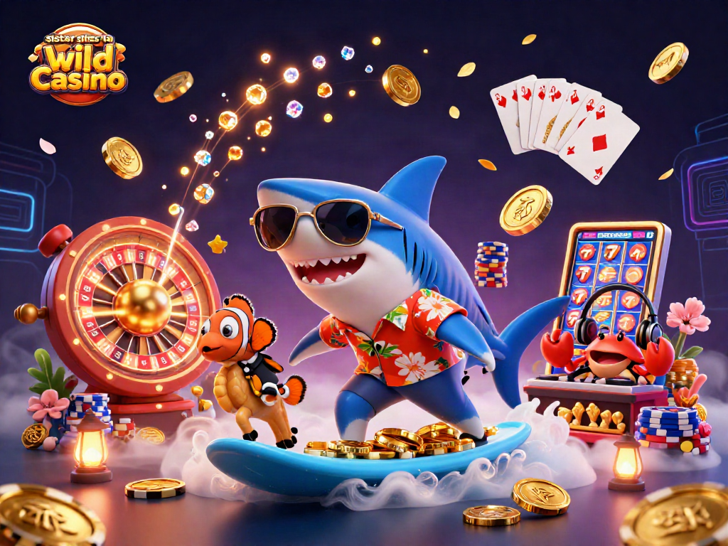 Engage with sister sites to wild casino in a vibrant gambling scene featuring a surfing shark and dynamic casino elements.