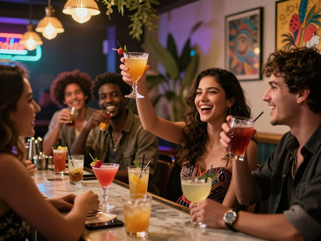 Khung cảnh gái gọi tuyệt vời bên bar với đêm sôi động và đèn neon rực rỡ
