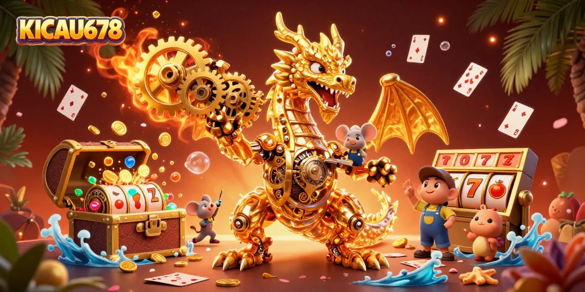 KICAU678 presents a vibrant casino scene with a golden dragon and dynamic game elements.