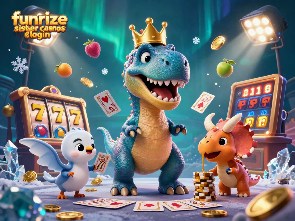 Experience funrize sister casinos login with T-Rex shuffling cards and vibrant casino elements.