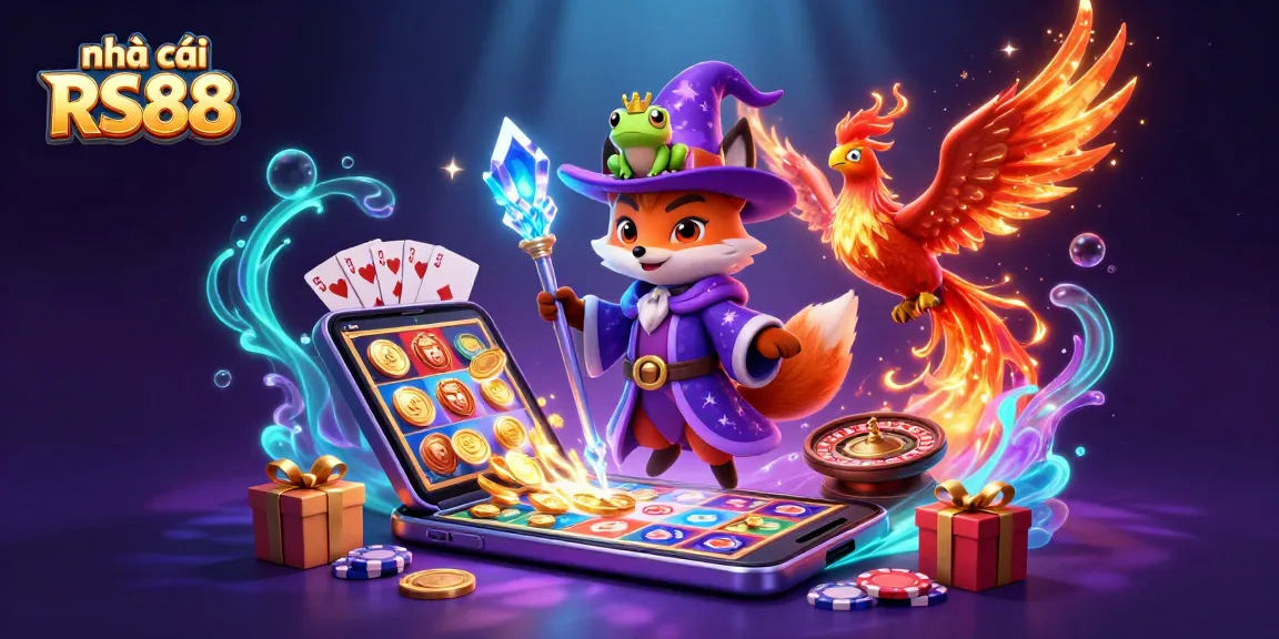 Experience the magic of nhà cái RS88 in this vibrant 3D illustration featuring casino games and enchanting characters.