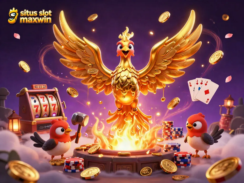 Play dynamic spins on situs slot gacor maxwin with a lively illustration of a golden phoenix and slot elements.