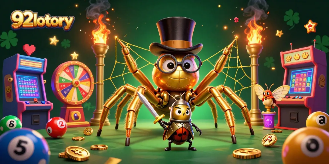Engage with 92lottery's vibrant scene showcasing a giant golden tarantula and beetle knight amid lottery excitement.