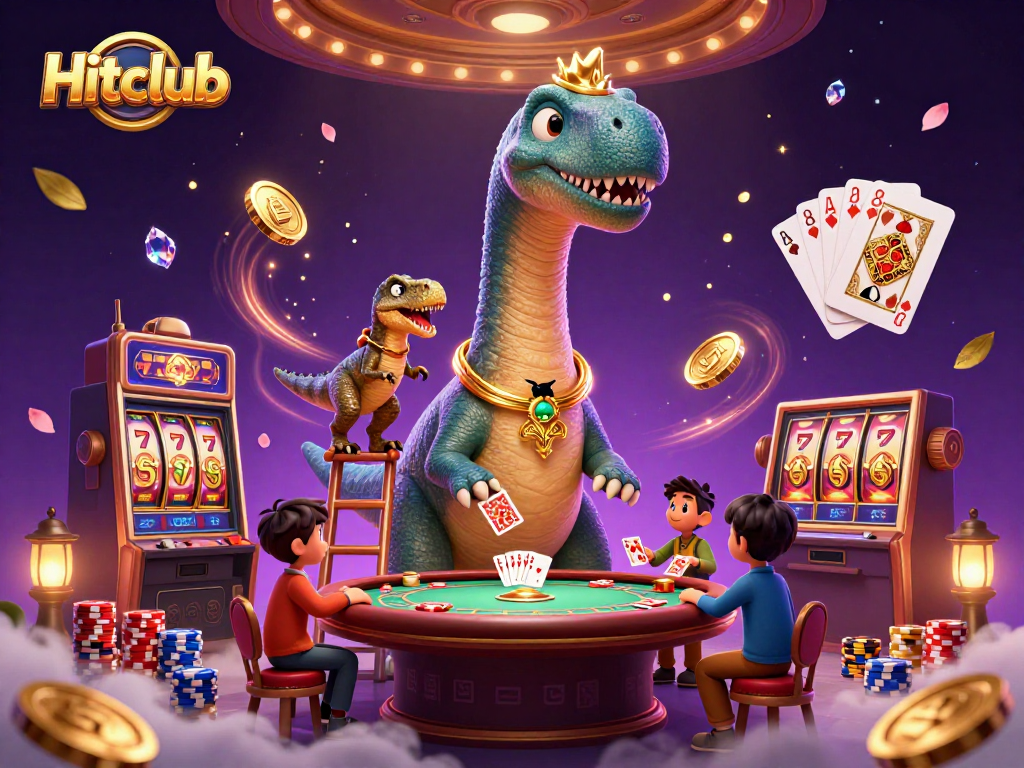 Hitclub showcases a vibrant casino scene with a giant brontosaurus and dynamic game elements.