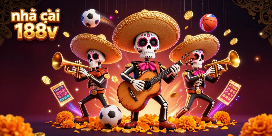 Engage with nhà cái 188v's vibrant 3D illustration featuring a lively mariachi band amidst exhilarating sports betting elements.