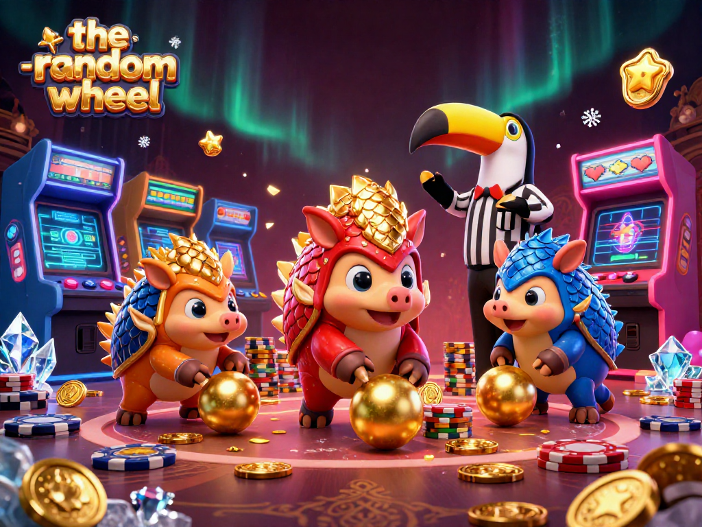 Rival pangolins compete in the-random-wheel game, surrounded by vibrant casino elements.
