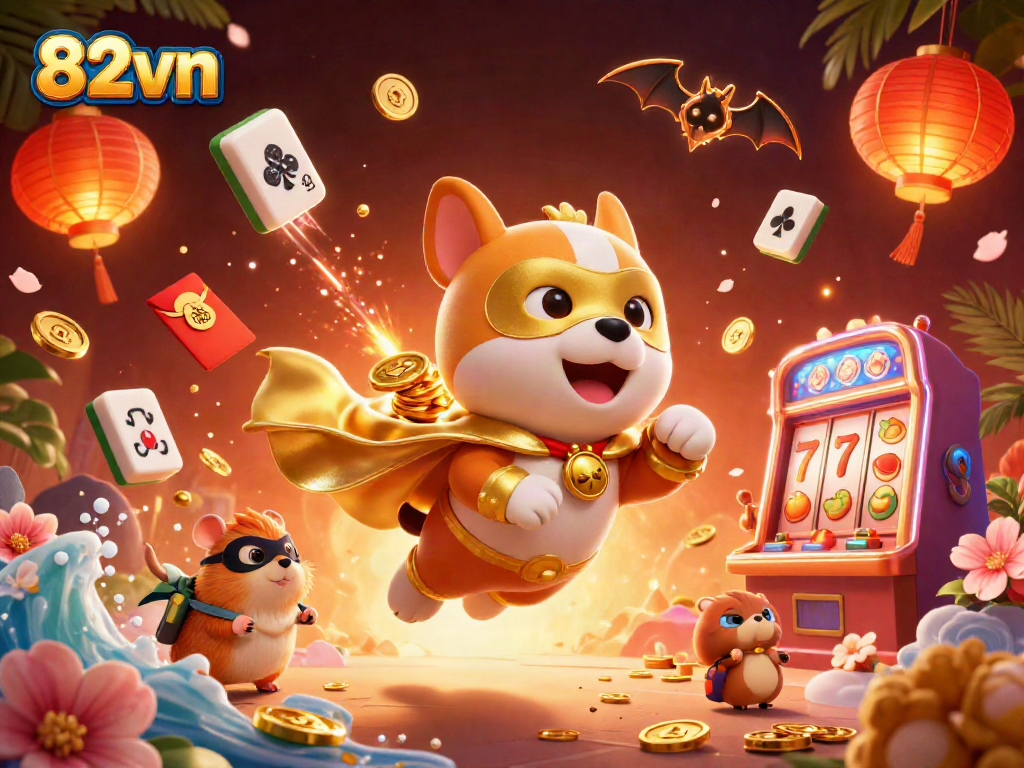 Experience the excitement of 82vn with a superhero dog flying over poker and slot elements.
