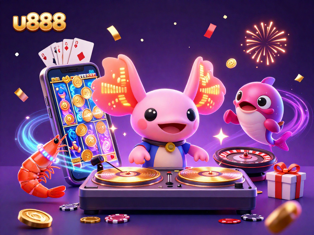 u888 players enjoy a vibrant casino celebration with dancing characters, spinning slots, and dynamic game elements.