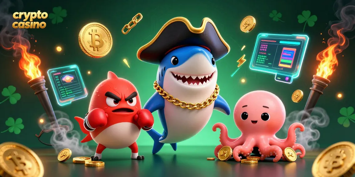 Gioca nei migliori crypto casino con il pirata squalo e monete Bitcoin e Ethereum scintillanti.
