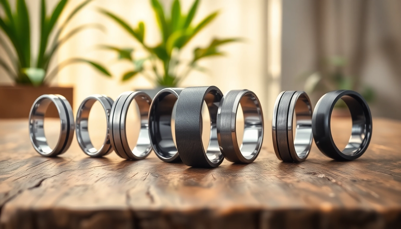 Showcase of tungsten metal rings highlighting unique styles and finishes on a wooden table.