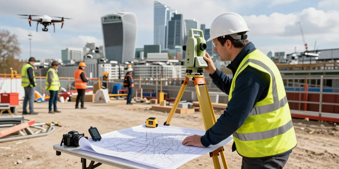 Topographical surveys Southampton showcased by a professional surveyor using a total station and drone at a construction site in London.