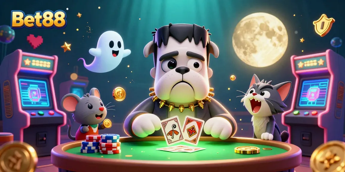 Bet88 showcases a thrilling scene with cartoon characters engaging in 3D casino gameplay.
