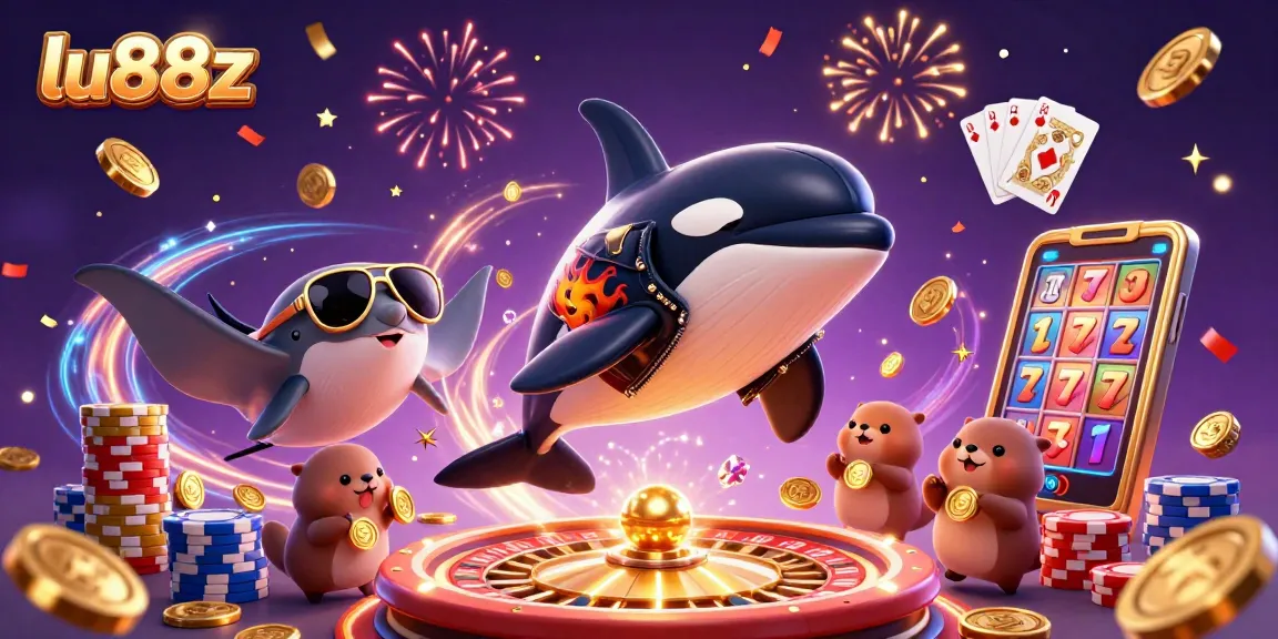 Win big with lu88z in a vibrant 3D casino scene featuring an orca and otters.