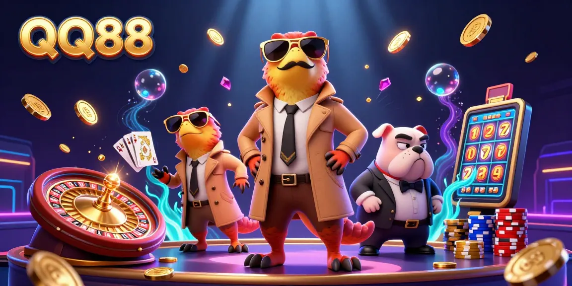 Enter the VIP lounge with QQ88 as raptors in disguise, amidst golden coins and casino elements.