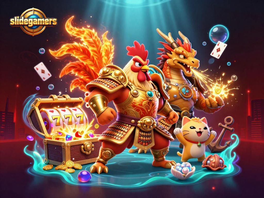 Slidegamers' thrilling scene with cartoon rooster warrior and dragon hatchling surrounded by slot reels and treasures.