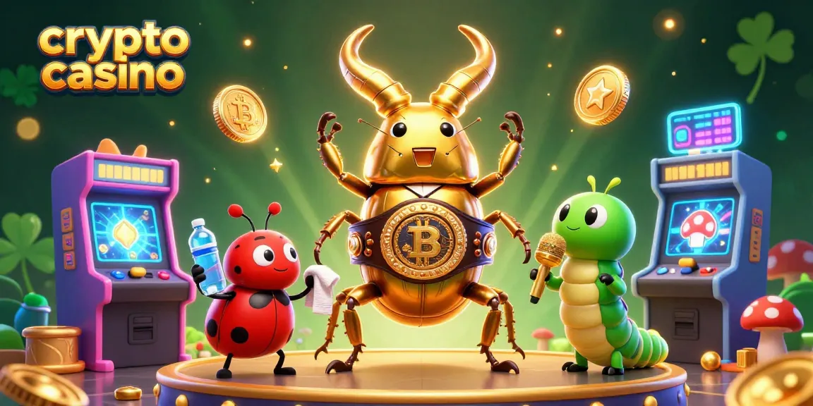 Juega y gana en un crypto casino interactivo con un escarabajo y un ambiente vibrante.