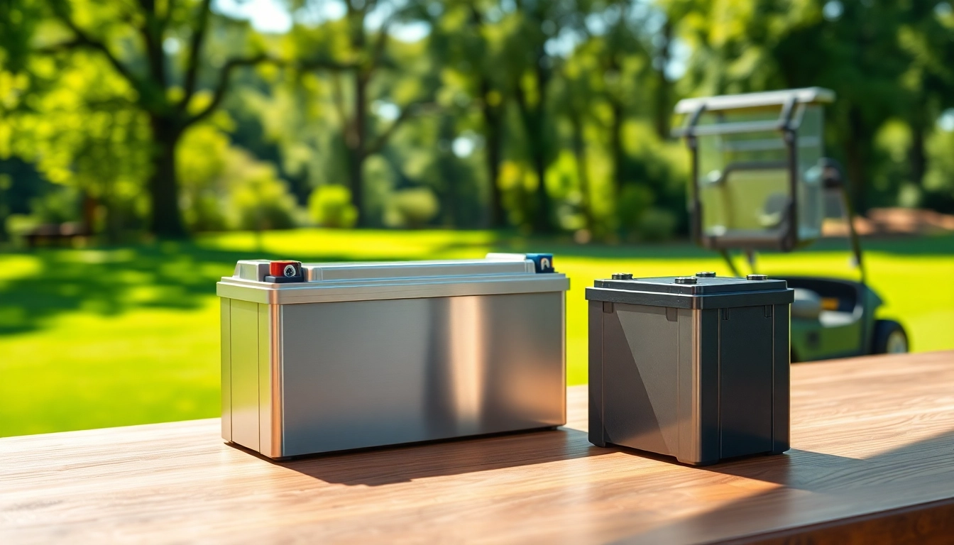 Showcase lithium golf cart batteries highlighting advanced features and design on a sunny golf course.