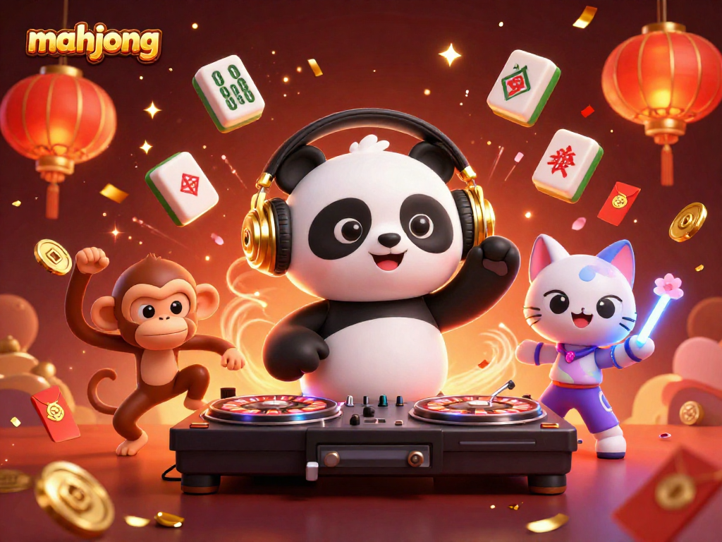 Experience the excitement of mahjong with a lively 3D illustration featuring vibrant characters and casino elements.