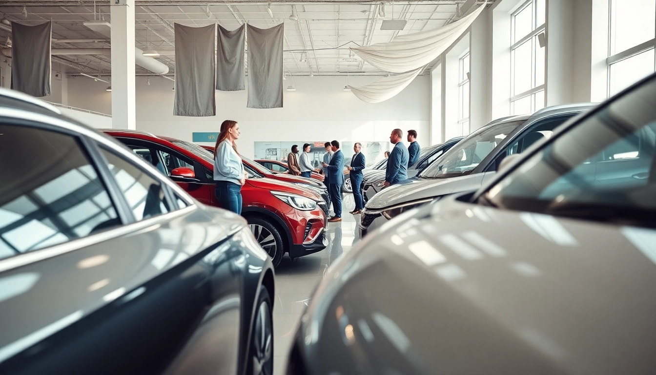 Buy New Car experience with vibrant dealership showcasing various models and colors.