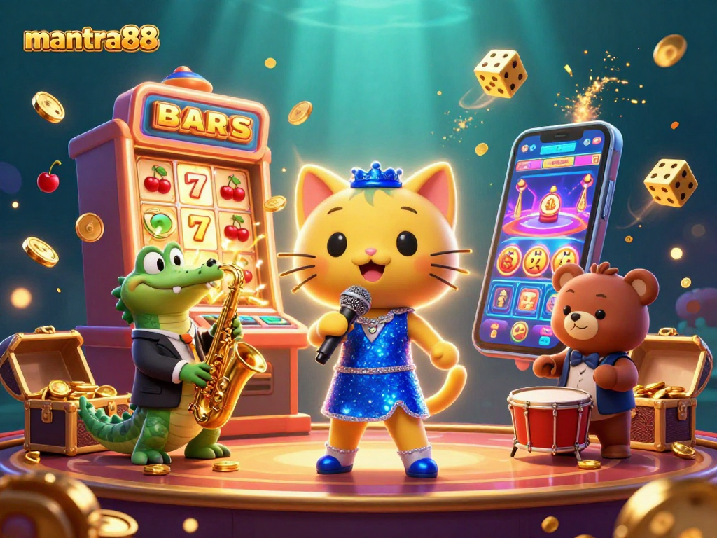 Experience the excitement of mantra88 with cartoon characters and thrilling casino elements in a vibrant scene.