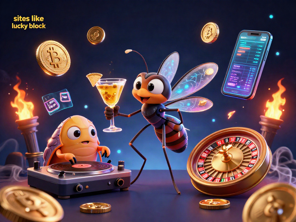 Spin to win at sites like lucky block with vibrant characters and dynamic crypto elements.