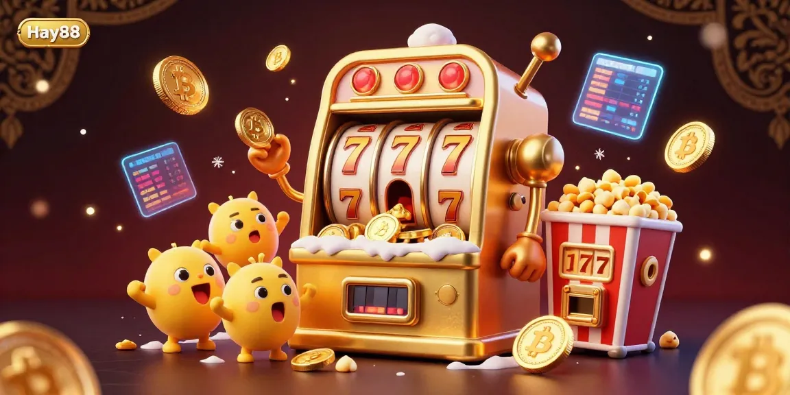 Experience Hay88's thrilling casino scene with a jubilant slot machine hitting the jackpot and celebrating.
