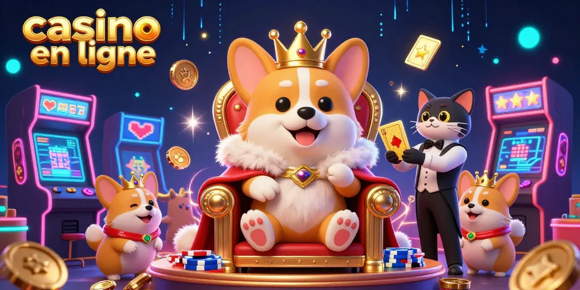 Profitez des jeux au casino en ligne avec une scène animée de corgis royaux et machines à sous colorées.